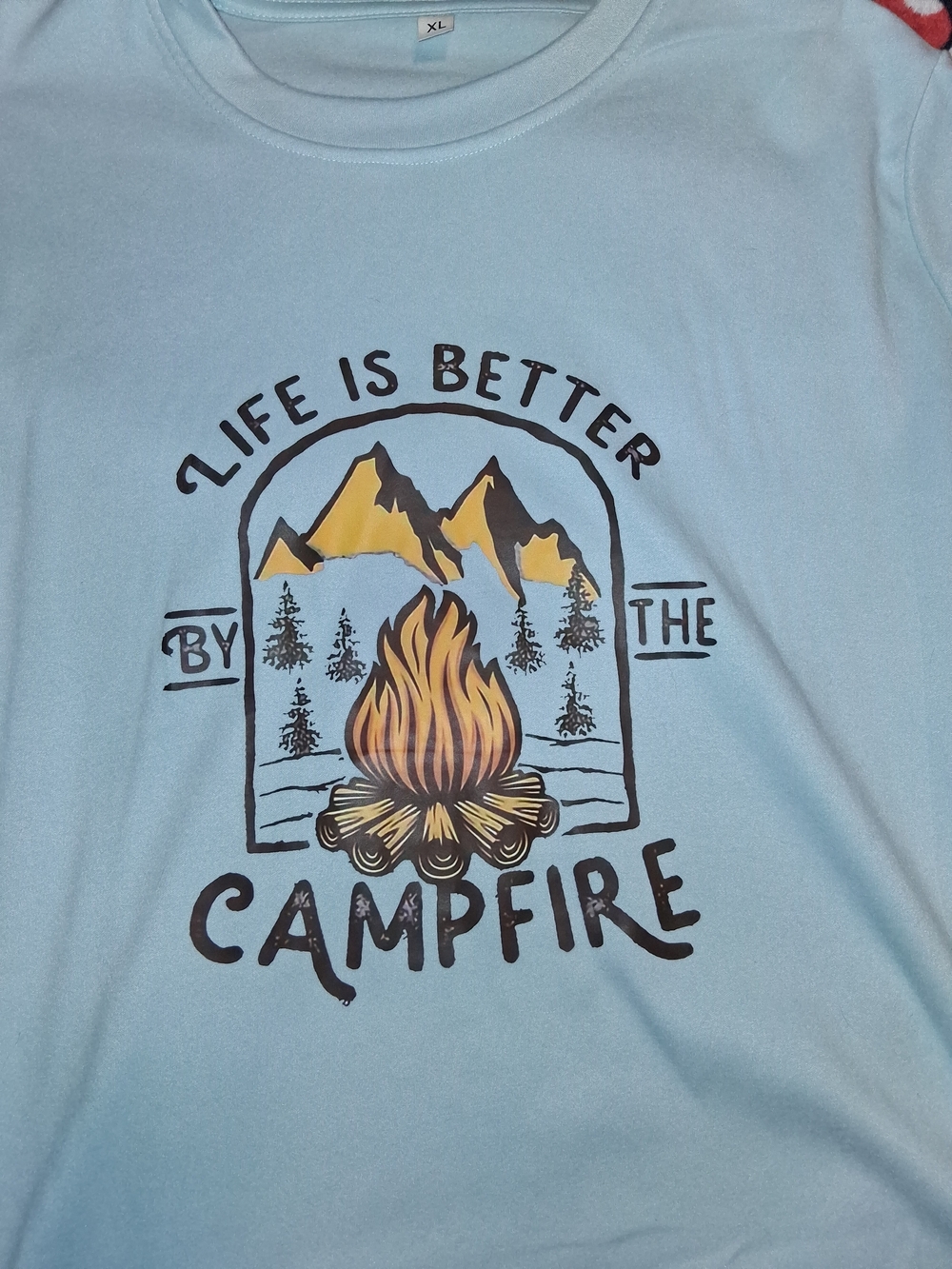 Womens Light Blue 'Life Is Better By The Campfire' Graphic Long Sleeve Tee